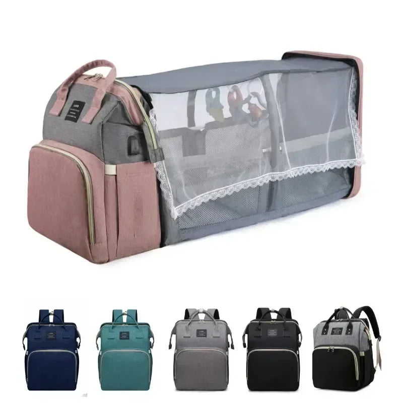 3-in-1 Mommy Diaper Backpack with Foldable Crib – Lightweight & Spacious Travel Baby Bag for Moms - Nestling Babies