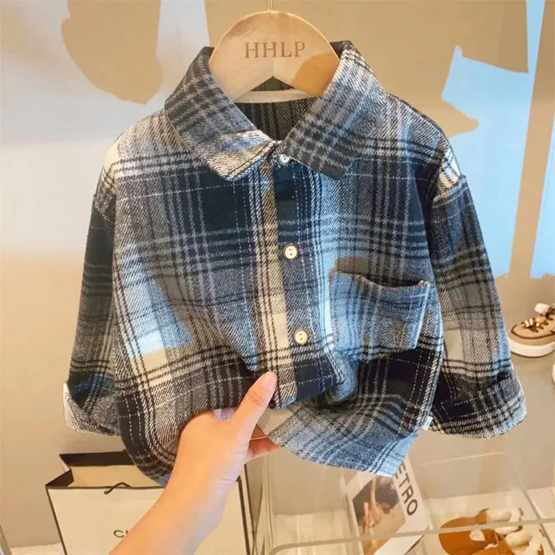Kids Plaid Long Sleeve Shirt – Retro Button-Up Blouse for Boys & Girls - Nestling Babies
