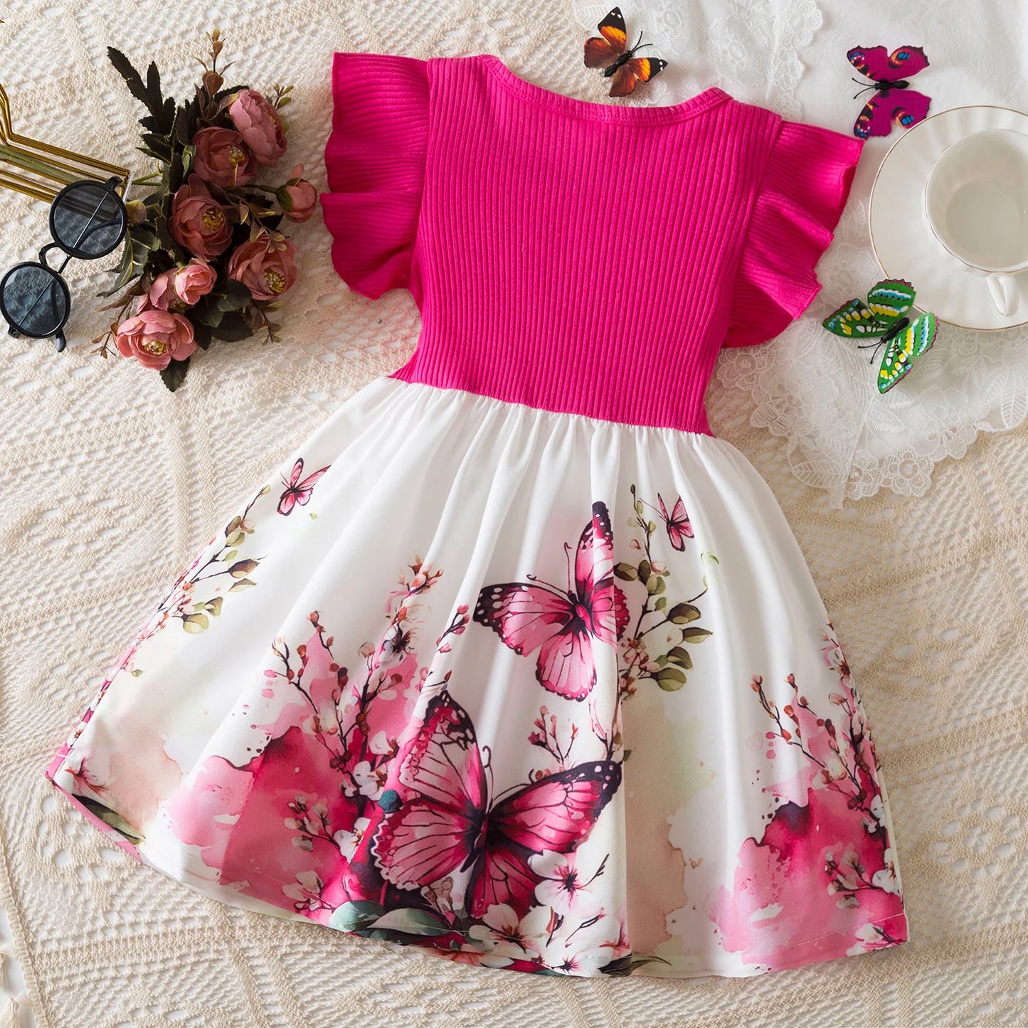 Butterfly Princess Dress for Girls – Sleeveless Floral Party Gown with Bow - Nestling Babies