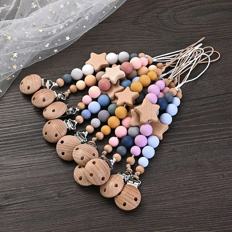 Wooden Star Pacifier Clip – Silicone Teething Beads Chain for Baby Soothers - Nestling Babies