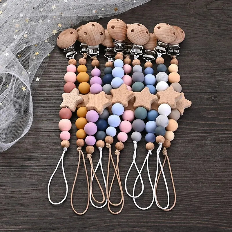 Wooden Star Pacifier Clip – Silicone Teething Beads Chain for Baby Soothers - Nestling Babies
