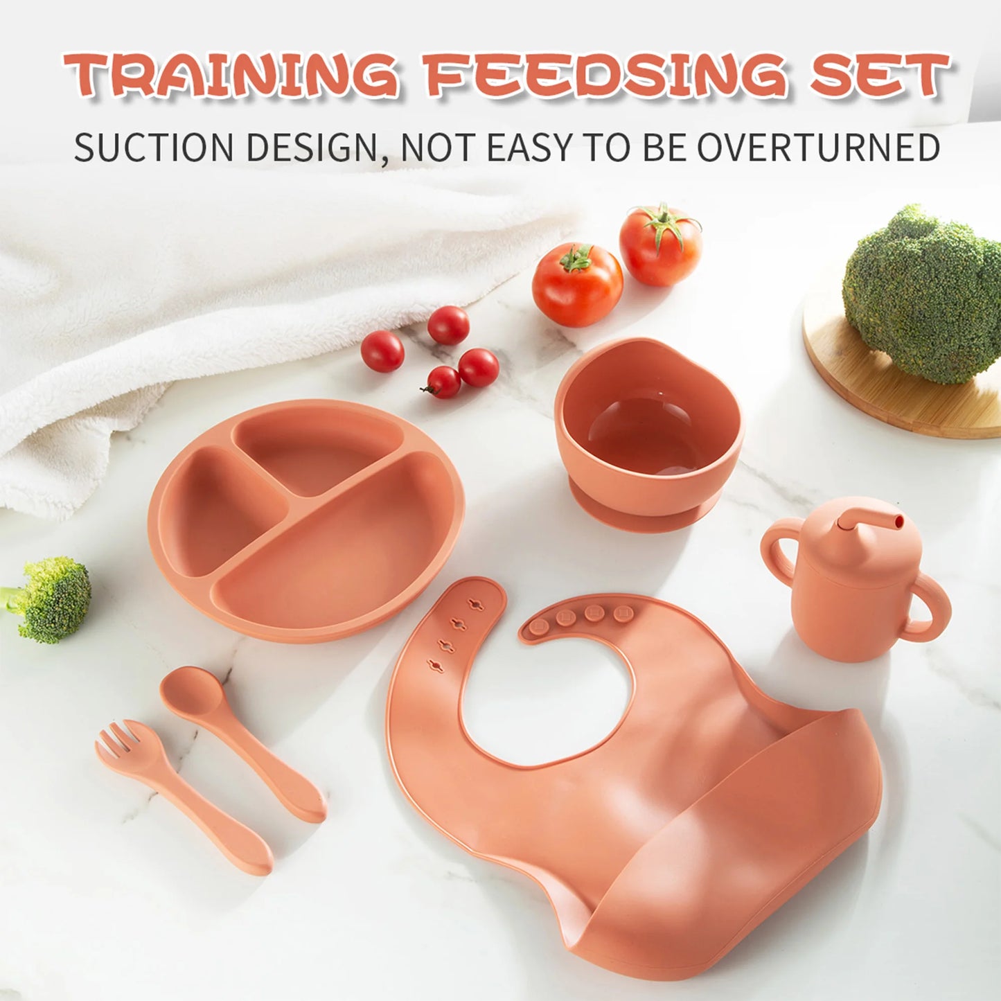 6-Piece Silicone Baby Feeding Set – Suction Plate, Bowl, Cup, Bib & Utensils - Nestling Babies