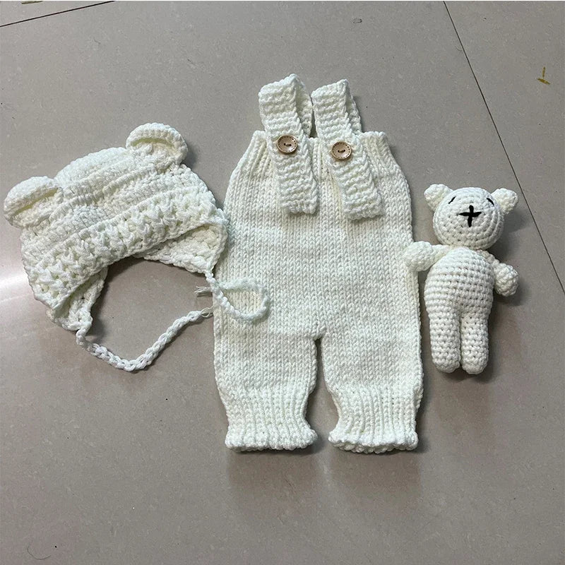 3-Piece Hand-Knitted Newborn Photoshoot Set – Romper, Bear Hat & Plush Toy - Nestling Babies