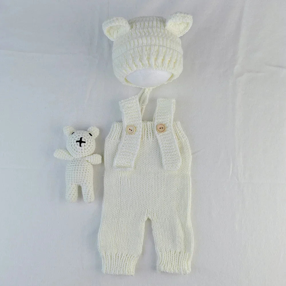 3-Piece Hand-Knitted Newborn Photoshoot Set – Romper, Bear Hat & Plush Toy - Nestling Babies