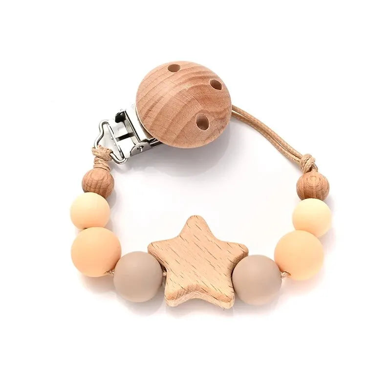 Wooden Star Pacifier Clip – Silicone Teething Beads Chain for Baby Soothers - Nestling Babies