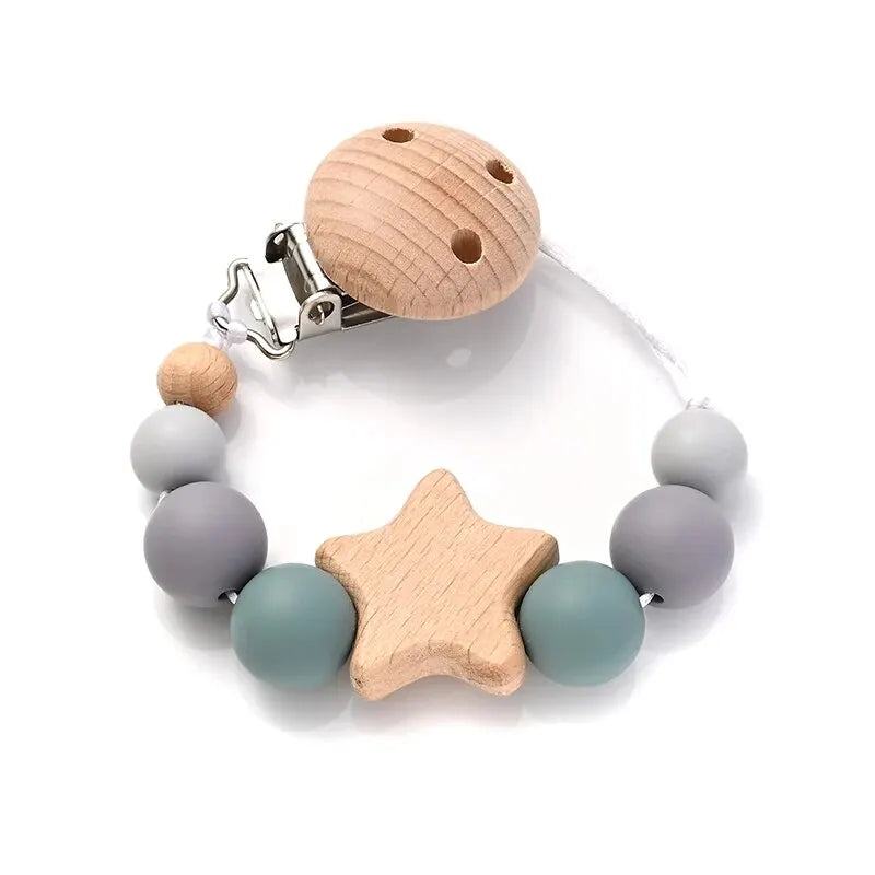 Wooden Star Pacifier Clip – Silicone Teething Beads Chain for Baby Soothers - Nestling Babies