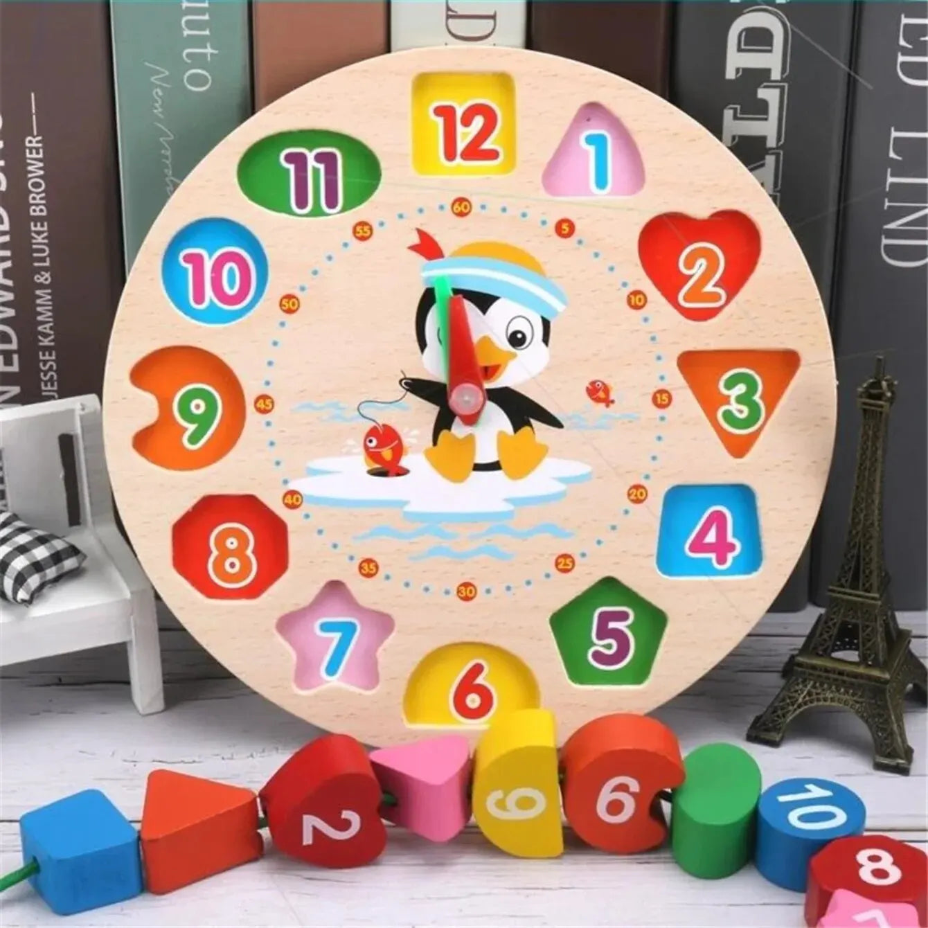 Montessori Wooden Clock Puzzle – Educational Tangram Toy with Numbers, Animals & Threading Rope - Nestling Babies