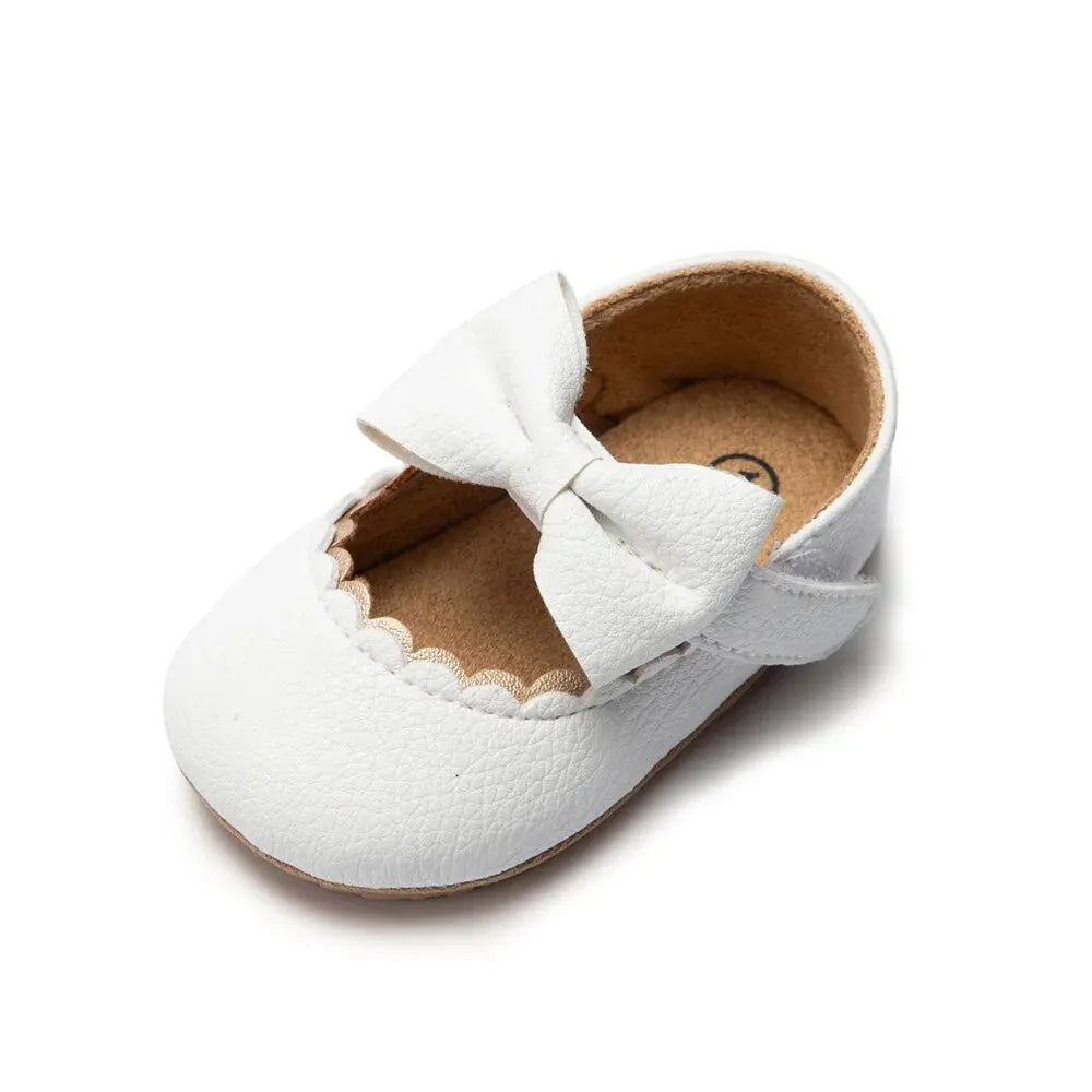 Baby Girl Bowknot Dress Shoes – Soft PU First Walkers with Non-Slip Rubber Sole - Nestling Babies