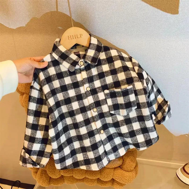 Kids Plaid Long Sleeve Shirt – Retro Button-Up Blouse for Boys & Girls - Nestling Babies