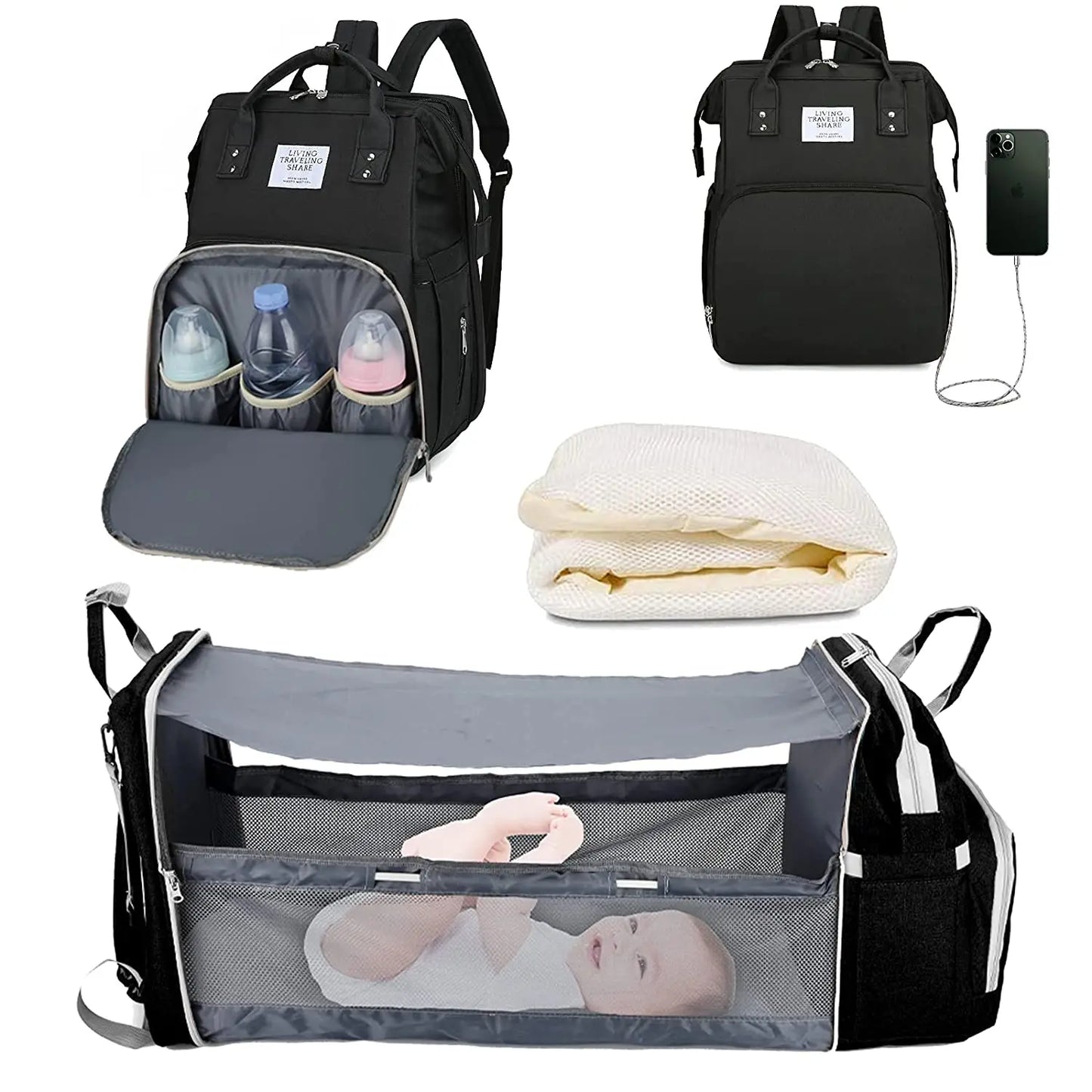 3-in-1 Diaper Bag Backpack – Foldable Baby Bed with USB & Waterproof Storage - Nestling Babies