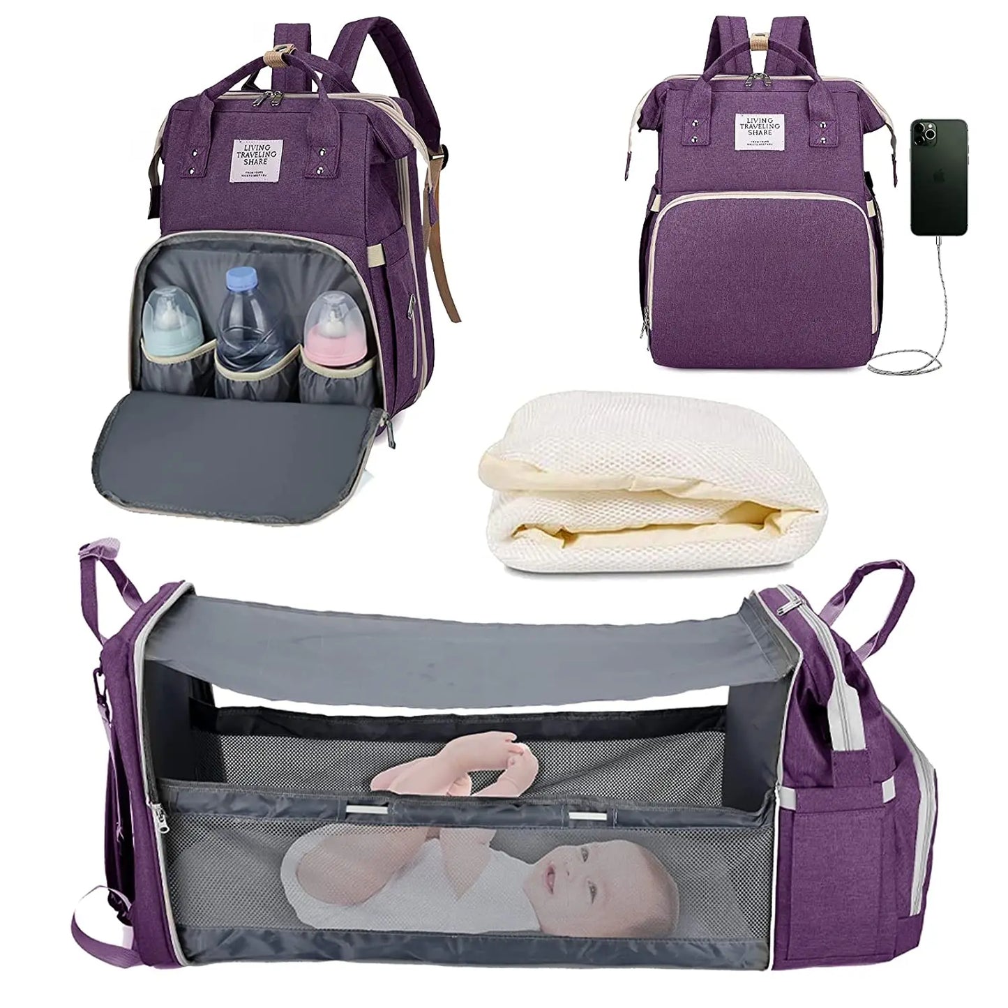 3-in-1 Diaper Bag Backpack – Foldable Baby Bed with USB & Waterproof Storage - Nestling Babies