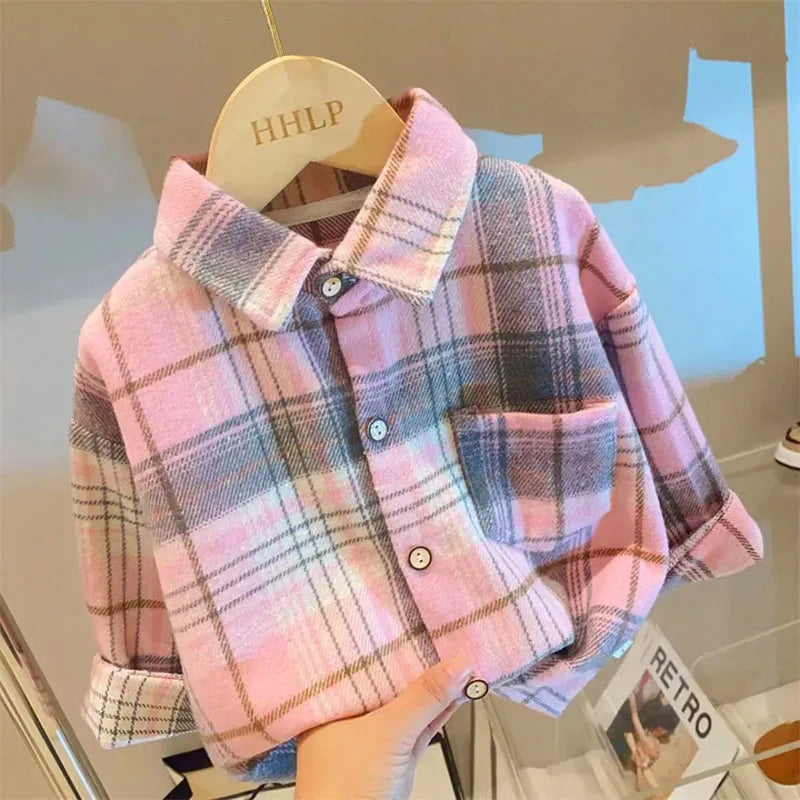 Kids Plaid Long Sleeve Shirt – Retro Button-Up Blouse for Boys & Girls - Nestling Babies