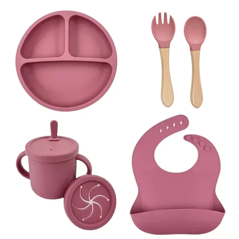 Baby Silicone Feeding Set – Suction Plate, Bowl, Straw Cup, Wooden Spoon & Fork | BPA-Free Tableware - Nestling Babies