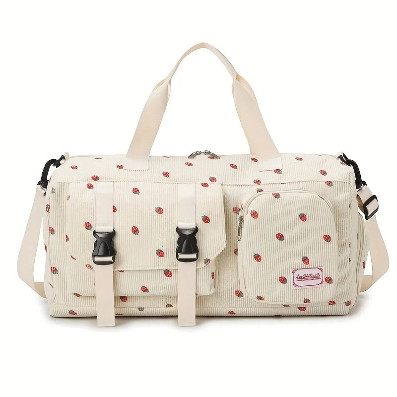 Strawberry Print Large Travel Duffel Bag – Wet/Dry Separation & Shoe Compartment - Nestling Babies