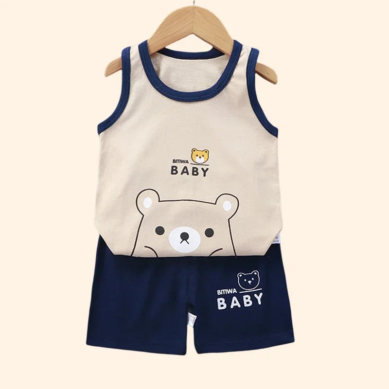 Summer Cotton Vest & Shorts Set for Toddlers – Lightweight Cartoon Outfit (1–3Y) - Nestling Babies