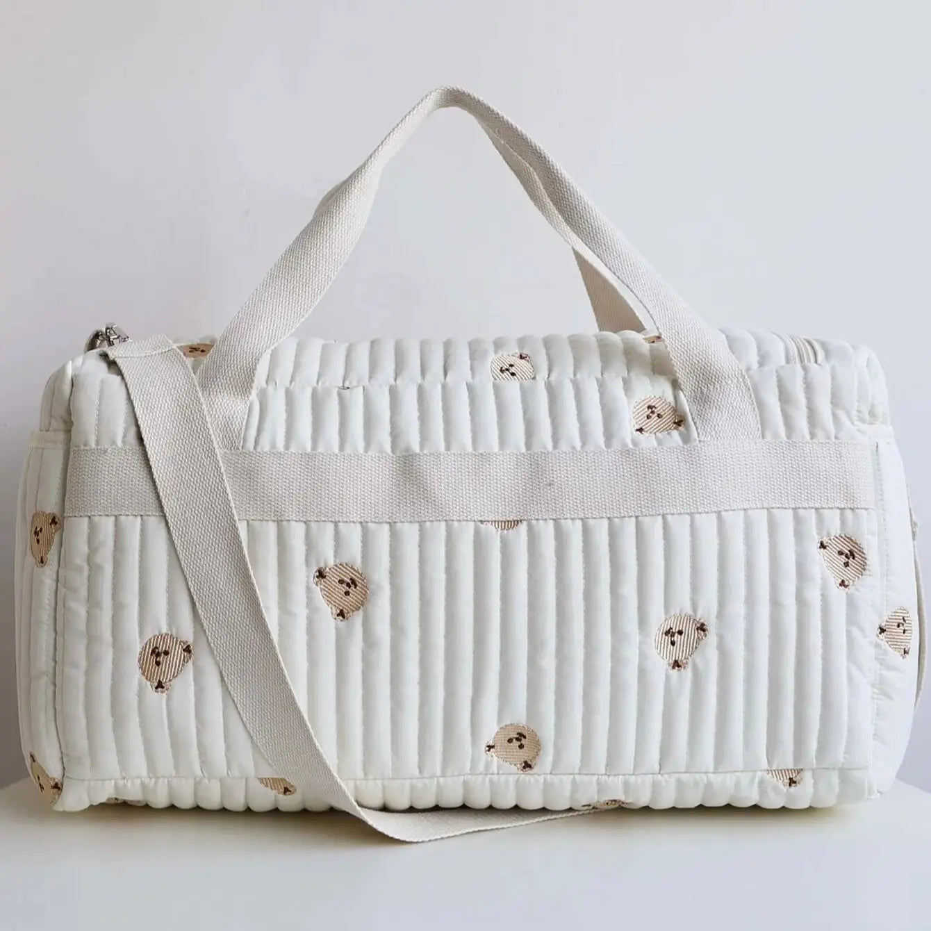 Embroidered Bear & Floral Mommy Diaper Bag – Cotton Zipper Tote for Baby Essentials - Nestling Babies