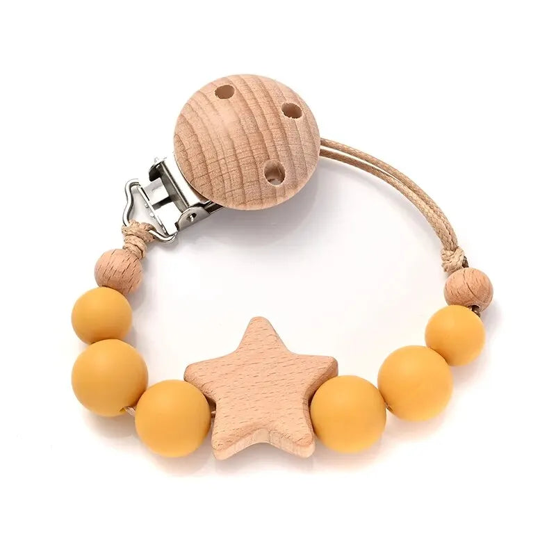 Wooden Star Pacifier Clip – Silicone Teething Beads Chain for Baby Soothers - Nestling Babies