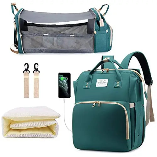 3-in-1 Diaper Bag Backpack – Foldable Baby Bed with USB & Waterproof Storage - Nestling Babies