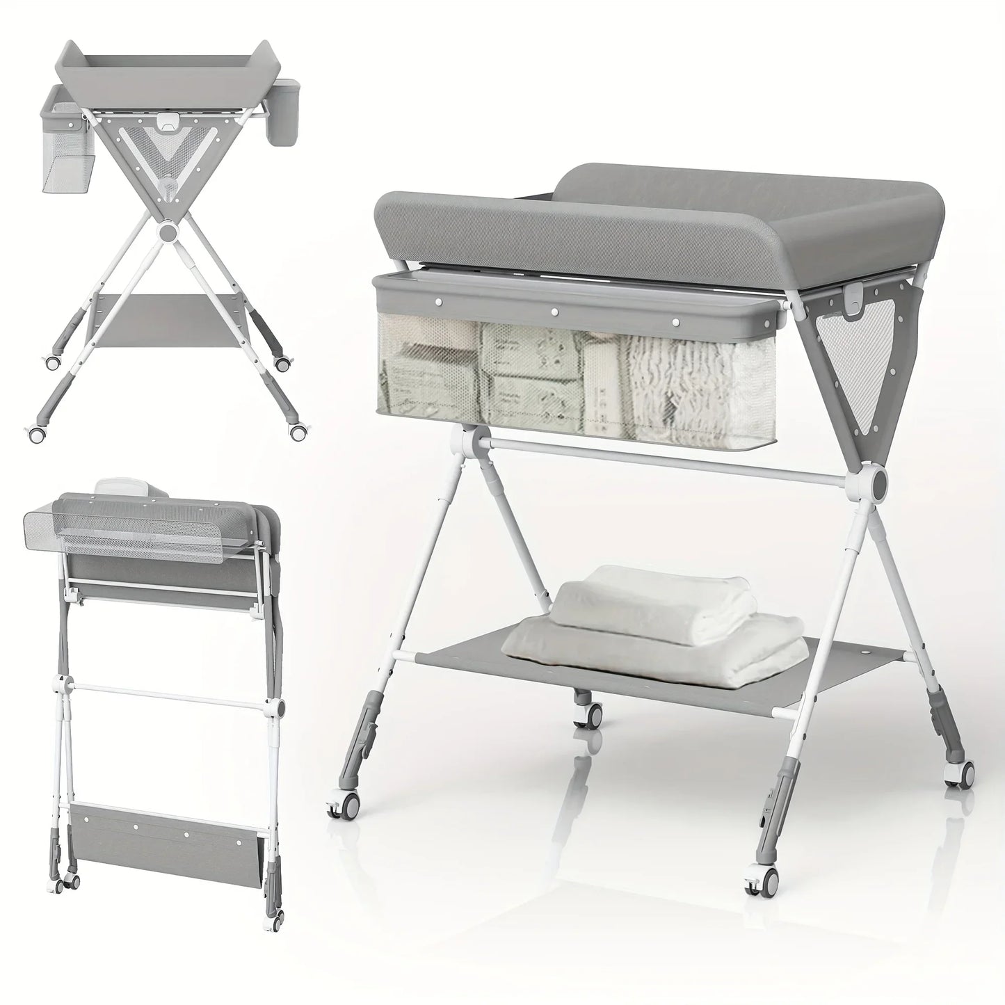 SEJOY Foldable Baby Changing Table with Wheels – Adjustable Height, Storage Basket & Clothes Rail - Nestling Babies