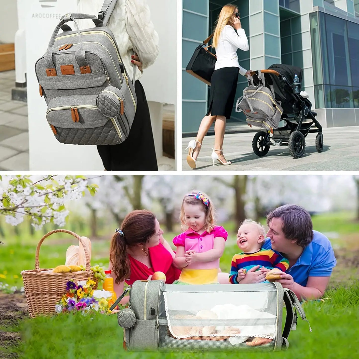 3-in-1 Diaper Bag Backpack – Foldable Baby Bed with USB & Waterproof Storage - Nestling Babies