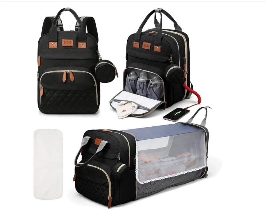 3-in-1 Diaper Bag Backpack – Foldable Baby Bed with USB & Waterproof Storage - Nestling Babies