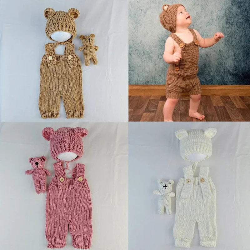 3-Piece Hand-Knitted Newborn Photoshoot Set – Romper, Bear Hat & Plush Toy - Nestling Babies