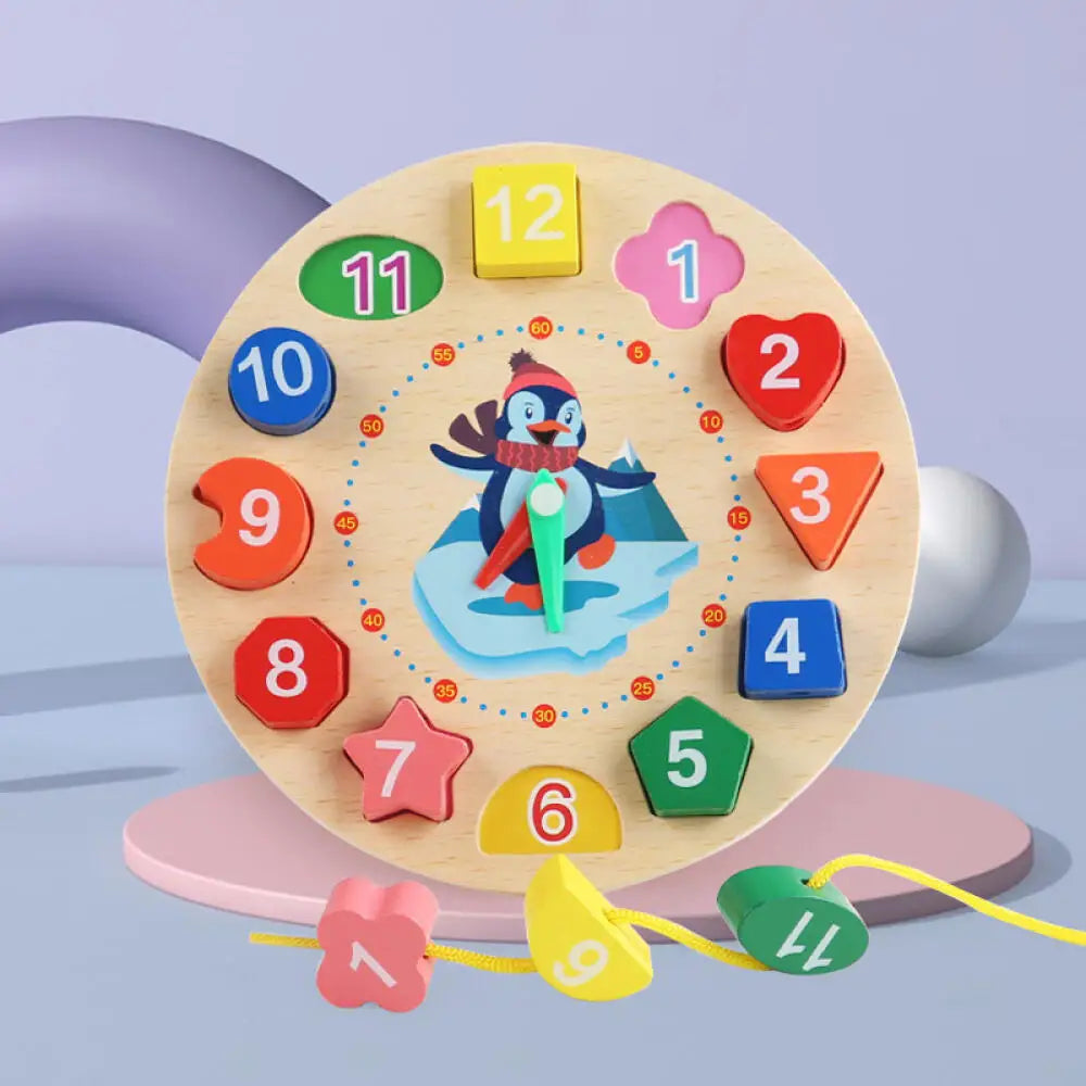 Montessori Wooden Clock Puzzle – Educational Tangram Toy with Numbers, Animals & Threading Rope - Nestling Babies