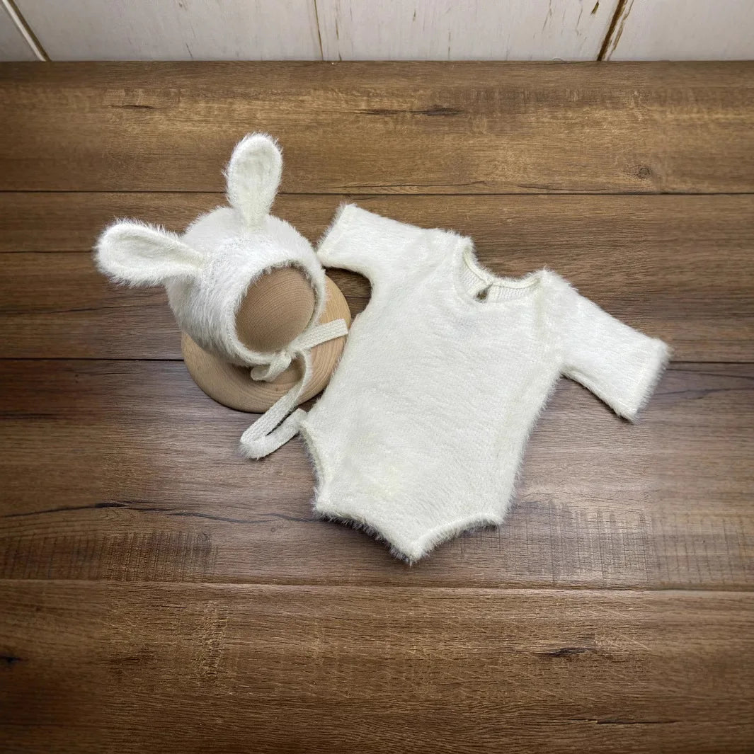 Newborn Bunny-Themed Knitted Photography Set – Adorable Cosplay with Doll & Glasses - Nestling Babies