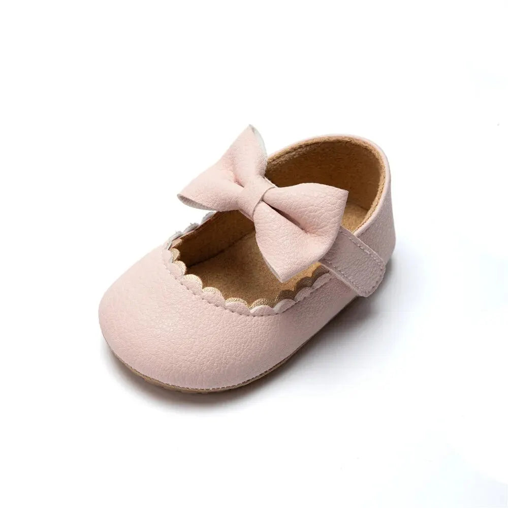 Baby Girl Bowknot Dress Shoes – Soft PU First Walkers with Non-Slip Rubber Sole - Nestling Babies