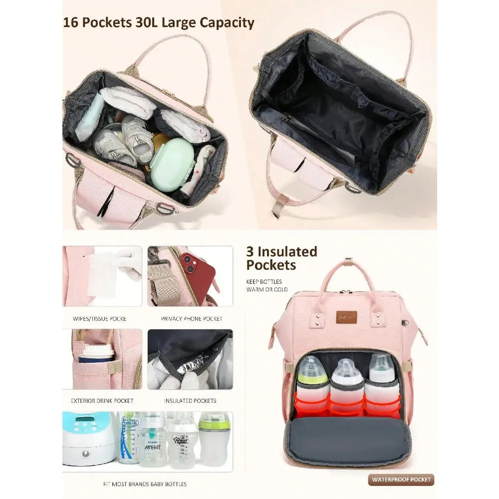 Waterproof Diaper Backpack for Moms – 35L Baby Bag with Changing Pad, Pacifier Case & Stroller Straps - Nestling Babies