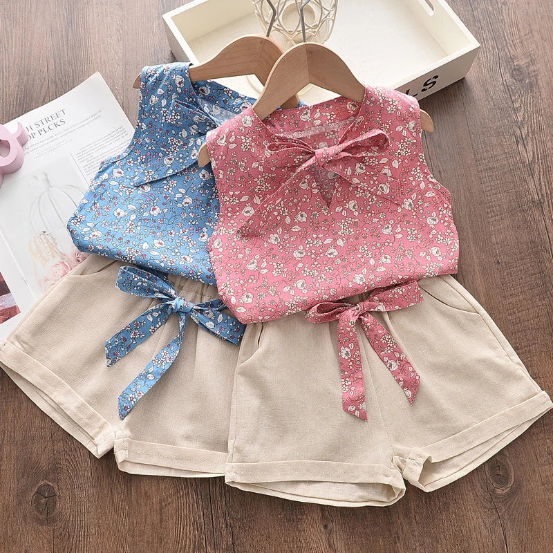 Summer Sleeveless Set for Girls – Printed Vest & Shorts Outfit (12M–4T) - Nestling Babies