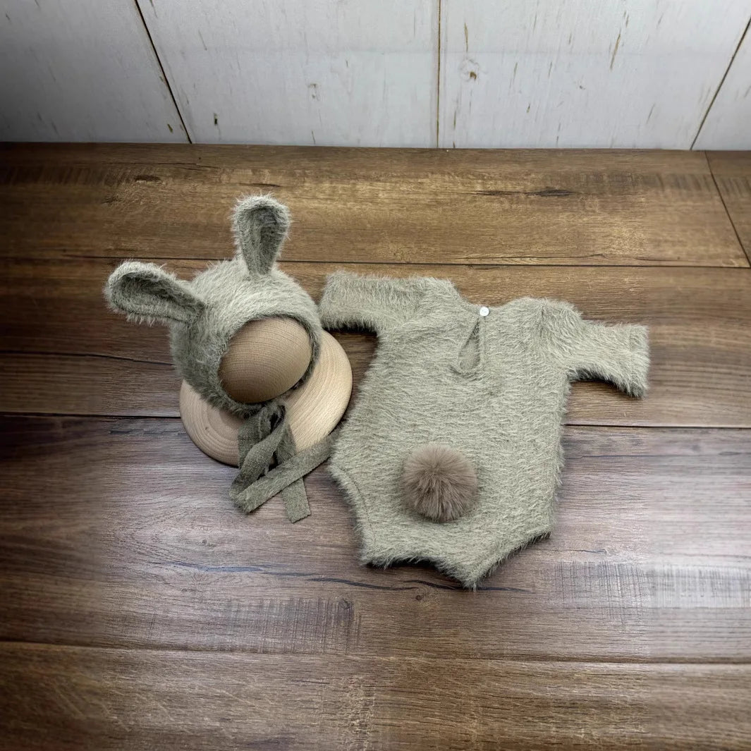 Newborn Bunny-Themed Knitted Photography Set – Adorable Cosplay with Doll & Glasses - Nestling Babies