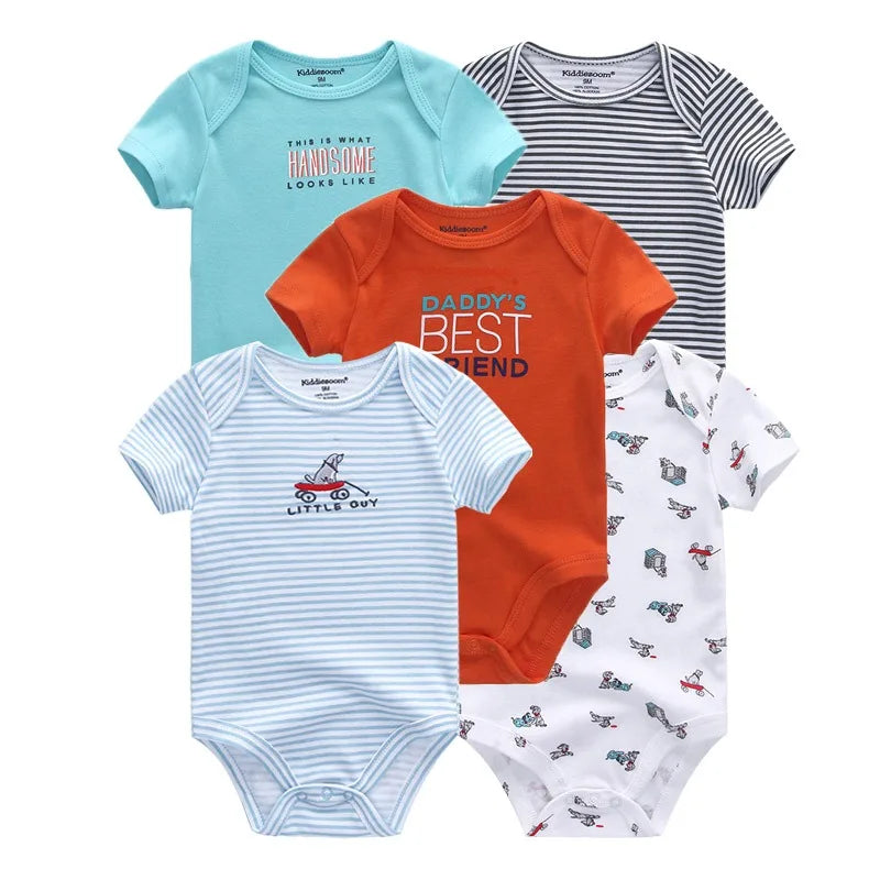 Everyday Essentials – 5-Pack Cartoon Cotton Bodysuits (0–12M | Unisex) - Nestling Babies