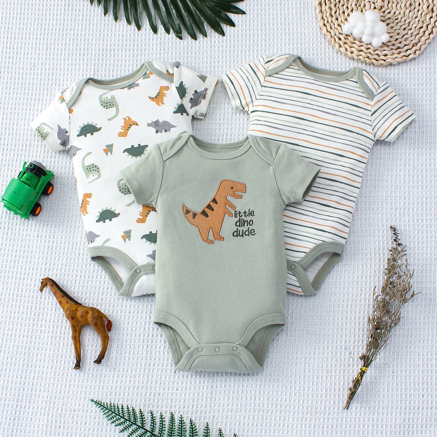 3-Piece Dinosaur Baby Bodysuit Set (0–9M) - Nestling Babies