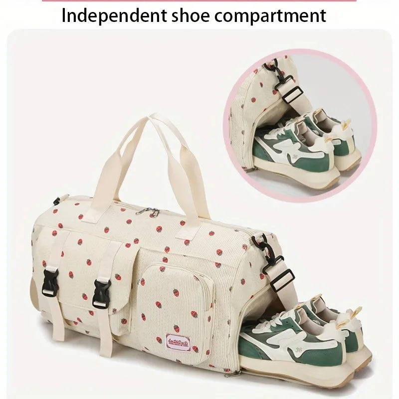 Strawberry Print Large Travel Duffel Bag – Wet/Dry Separation & Shoe Compartment - Nestling Babies