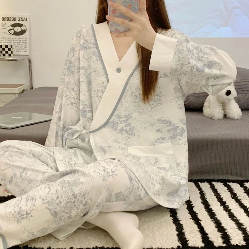 Cotton Nursing Pajamas Set – Lightweight Postpartum Sleepwear for Spring & Autumn - Nestling Babies