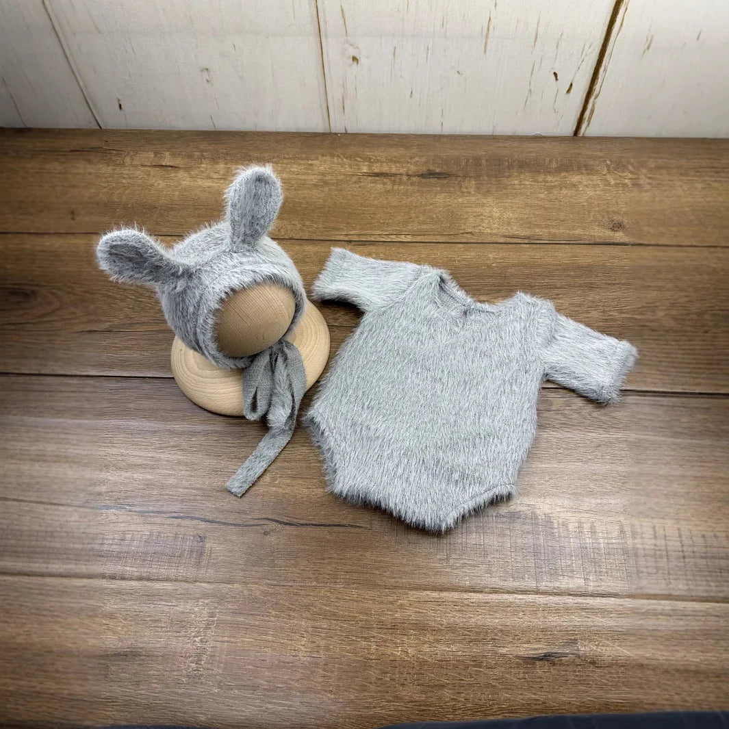 Newborn Bunny-Themed Knitted Photography Set – Adorable Cosplay with Doll & Glasses - Nestling Babies