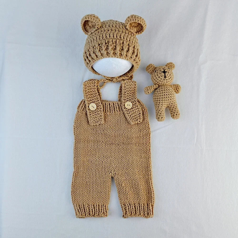 3-Piece Hand-Knitted Newborn Photoshoot Set – Romper, Bear Hat & Plush Toy - Nestling Babies