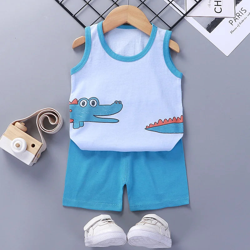 Summer Cotton Vest & Shorts Set for Toddlers – Lightweight Cartoon Outfit (1–3Y) - Nestling Babies