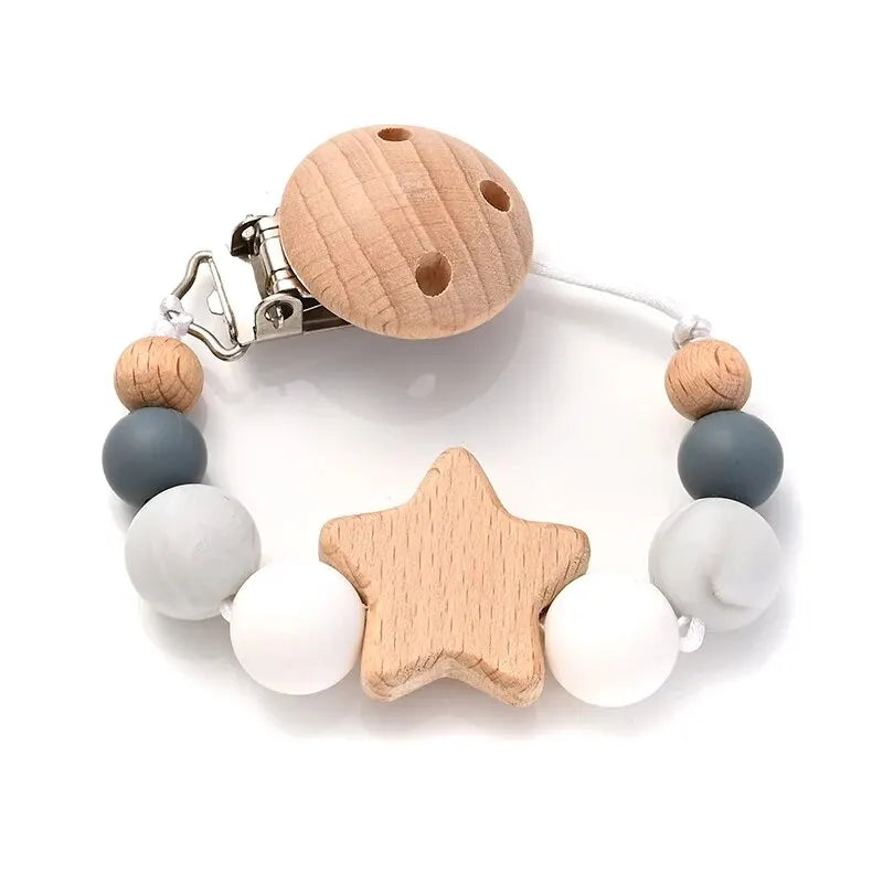Wooden Star Pacifier Clip – Silicone Teething Beads Chain for Baby Soothers - Nestling Babies