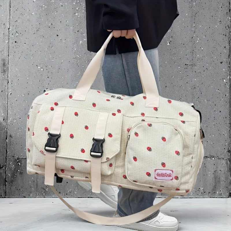 Strawberry Print Large Travel Duffel Bag – Wet/Dry Separation & Shoe Compartment - Nestling Babies
