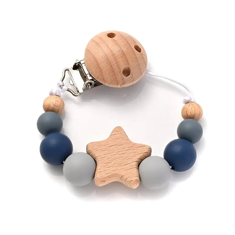 Wooden Star Pacifier Clip – Silicone Teething Beads Chain for Baby Soothers - Nestling Babies