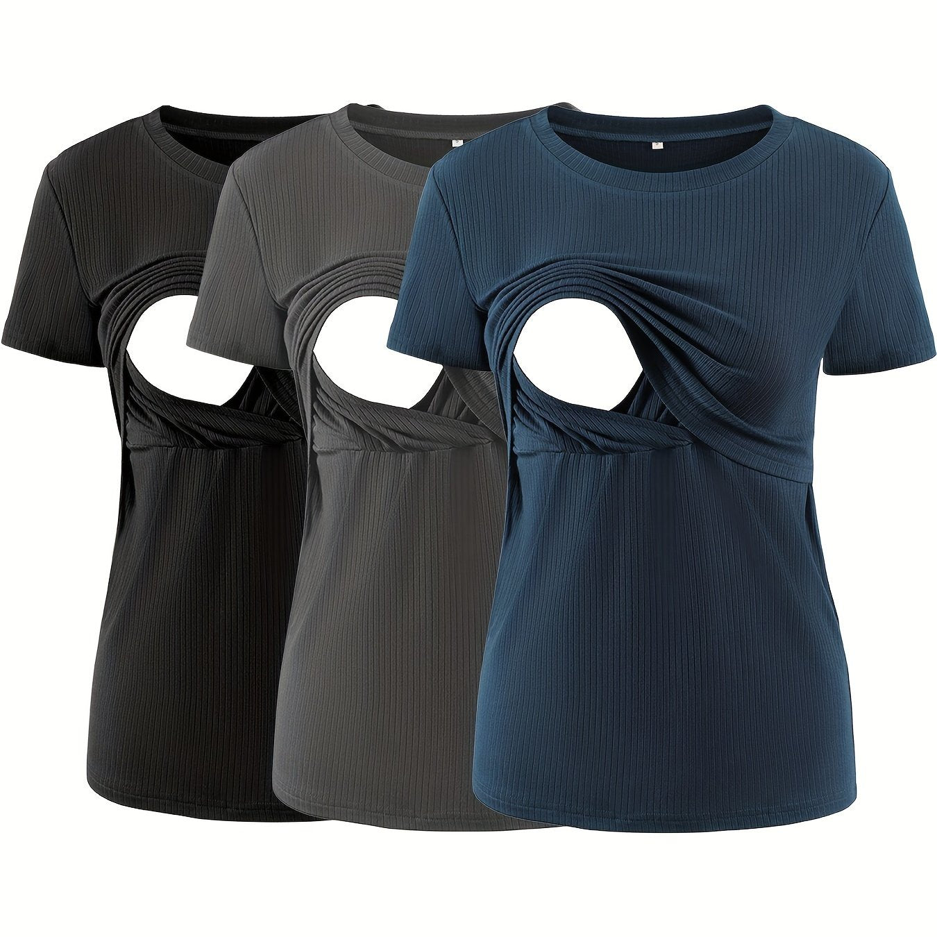 3-Pack Nursing Maternity T-Shirts – Rib Knit Short Sleeve Breastfeeding Tops - Nestling Babies