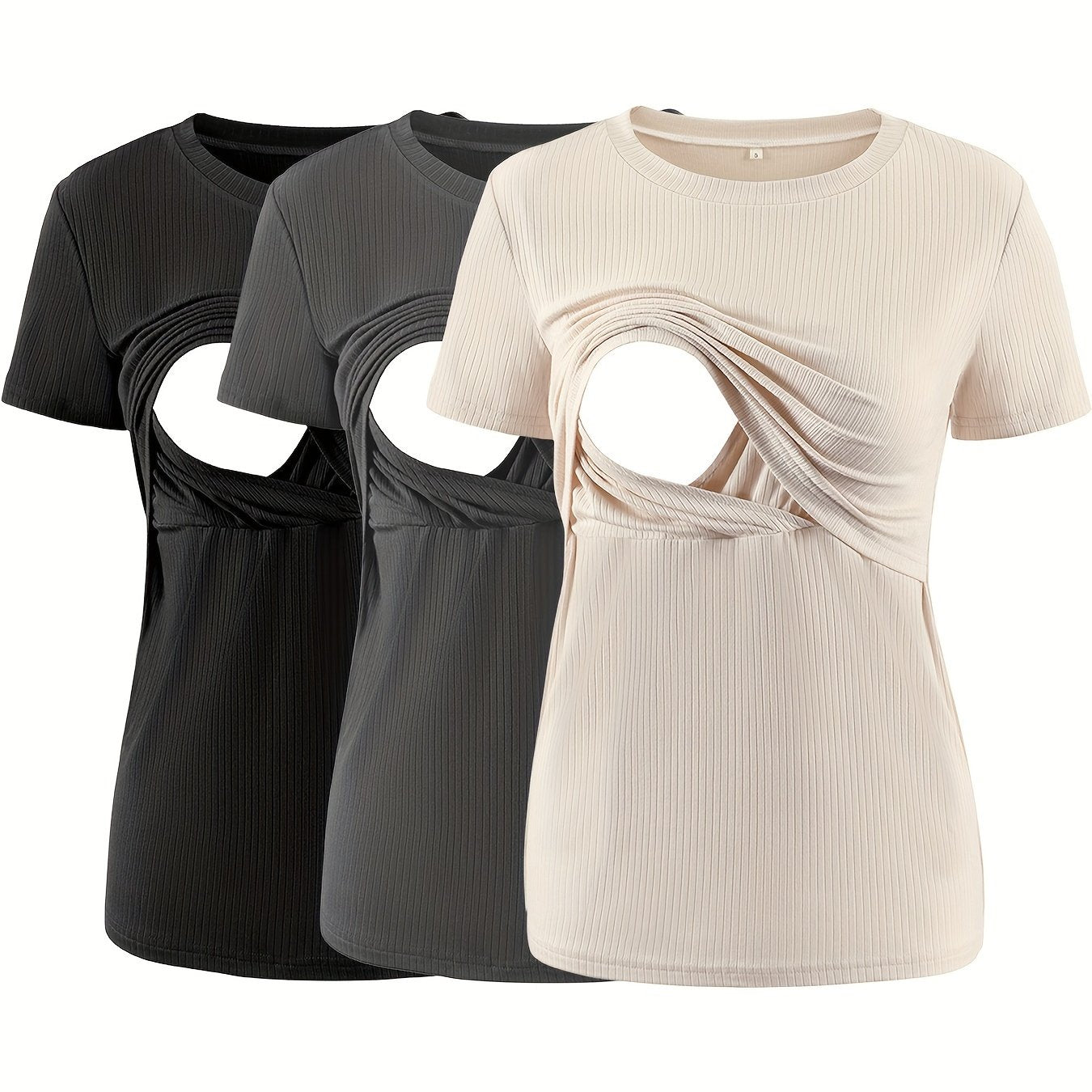 3-Pack Nursing Maternity T-Shirts – Rib Knit Short Sleeve Breastfeeding Tops - Nestling Babies