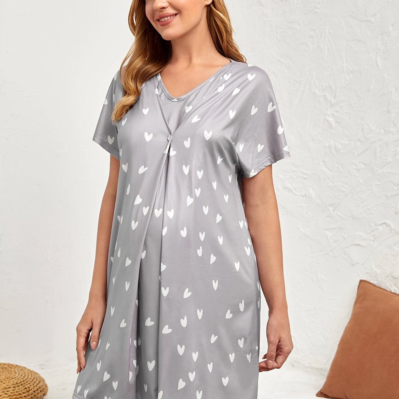 Nursing Maternity Nightgown – Short Sleeve Floral V-Neck Home Dress - Nestling Babies