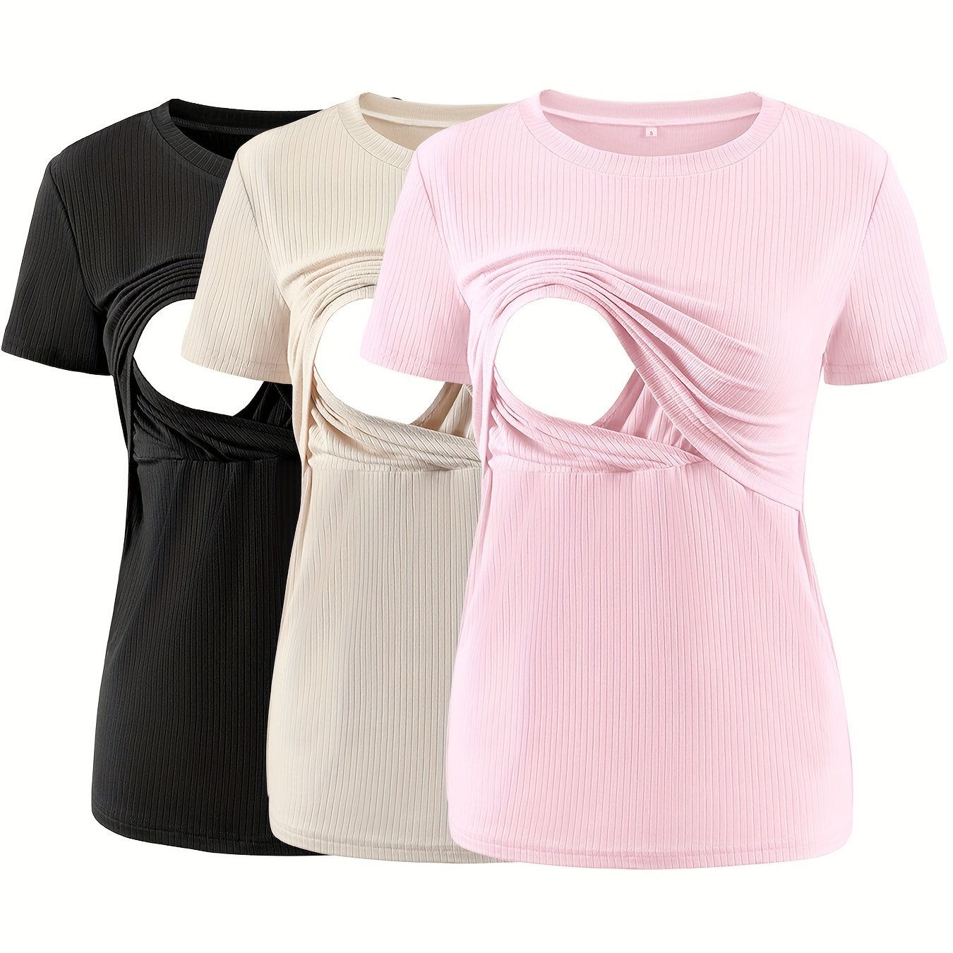 3-Pack Nursing Maternity T-Shirts – Rib Knit Short Sleeve Breastfeeding Tops - Nestling Babies