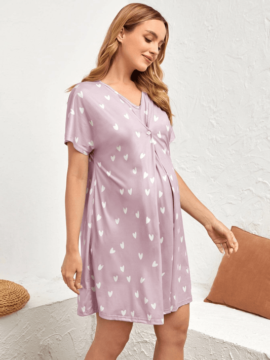 Nursing Maternity Nightgown – Short Sleeve Floral V-Neck Home Dress - Nestling Babies 