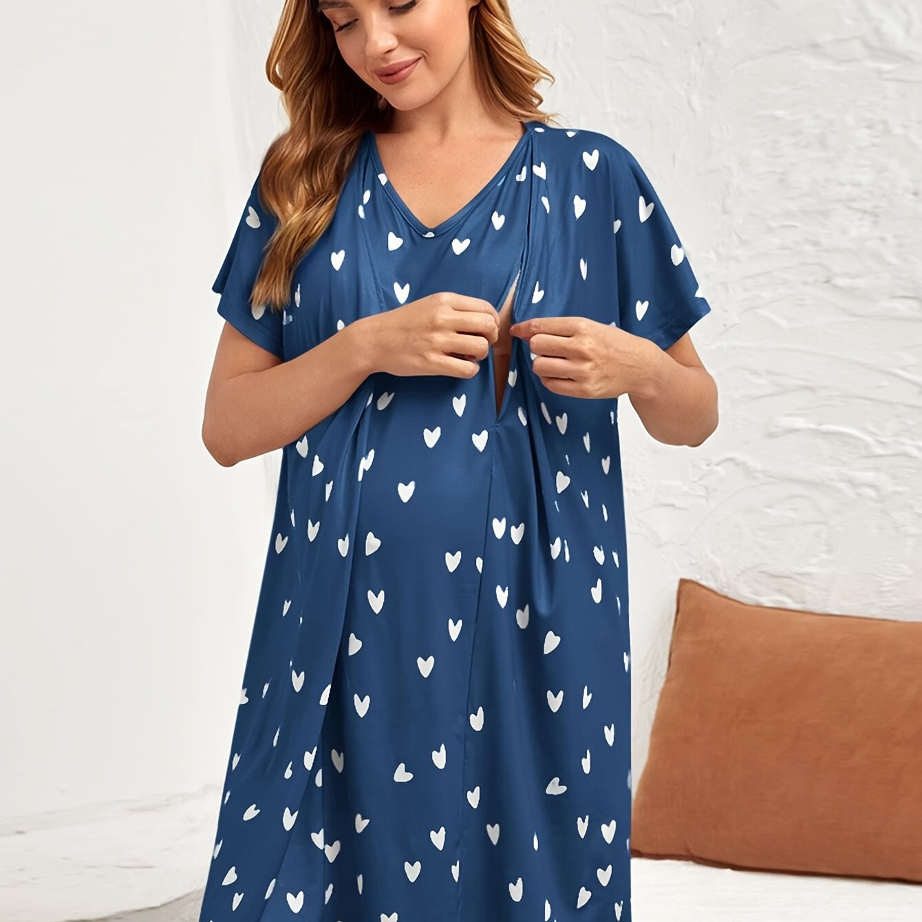 Nursing Maternity Nightgown – Short Sleeve Floral V-Neck Home Dress - Nestling Babies 