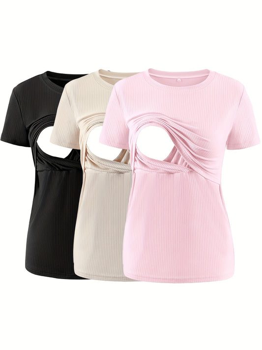 3-Pack Nursing Maternity T-Shirts – Rib Knit Short Sleeve Breastfeeding Tops - Nestling Babies 