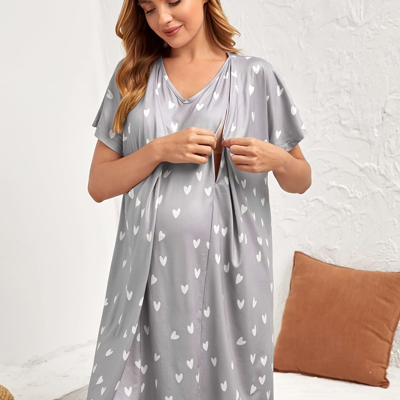 Nursing Maternity Nightdress – Floral V-Neck Sleepwear for Spring & Summer - Nestling Babies 
